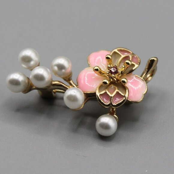 Pink flower pin brooch pendant jewelry white pearl yellow gold tone elegant new - Picture 8 of 10